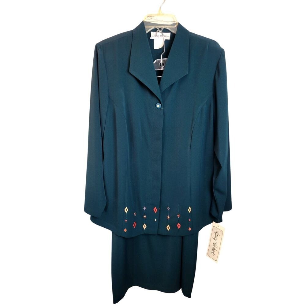 NWT Nancy Michaels Embroidered Green 2-Piece Career Work Shirt & Skirt Size 14.5